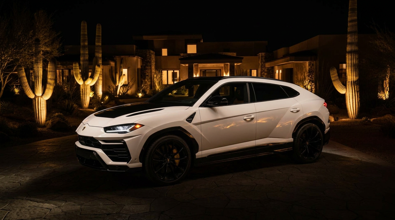 Lamborghini Urus S parked at a Scottsdale desert mansion at golden hour