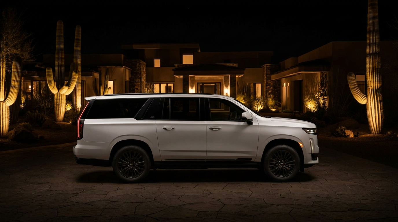 Cadillac Escalade ESV Platinum Sport rear view at dusk