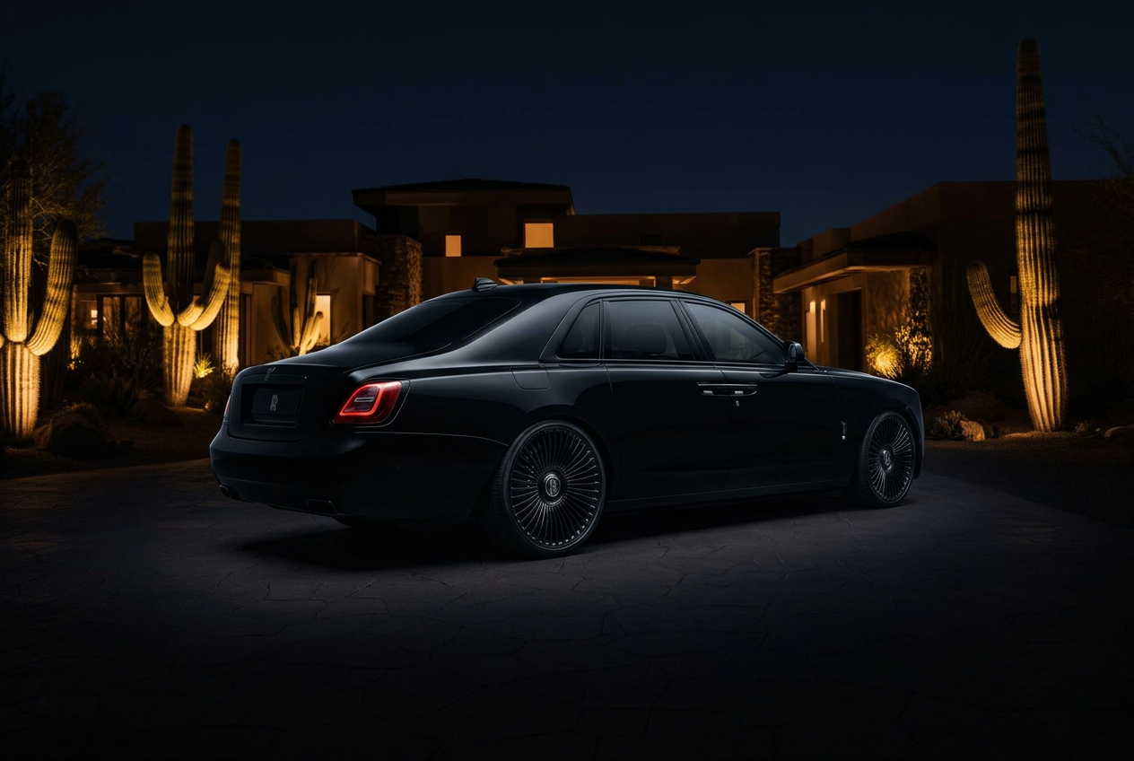 Rolls-Royce Ghost rear view at dusk