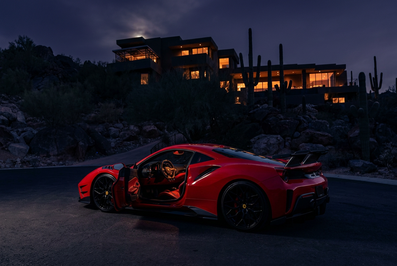 Ferrari 488 GTB parked at a Scottsdale desert mansion at golden hour