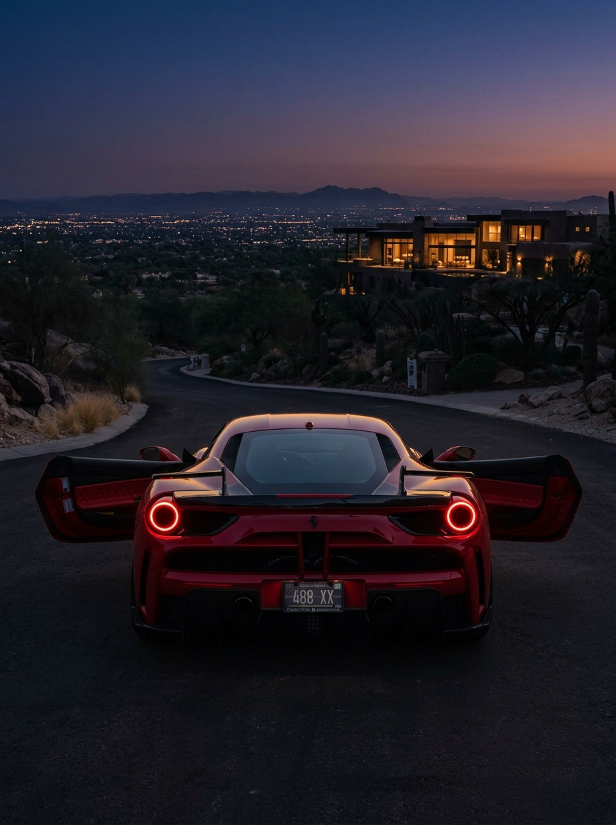 Ferrari 488 GTB rear view at dusk