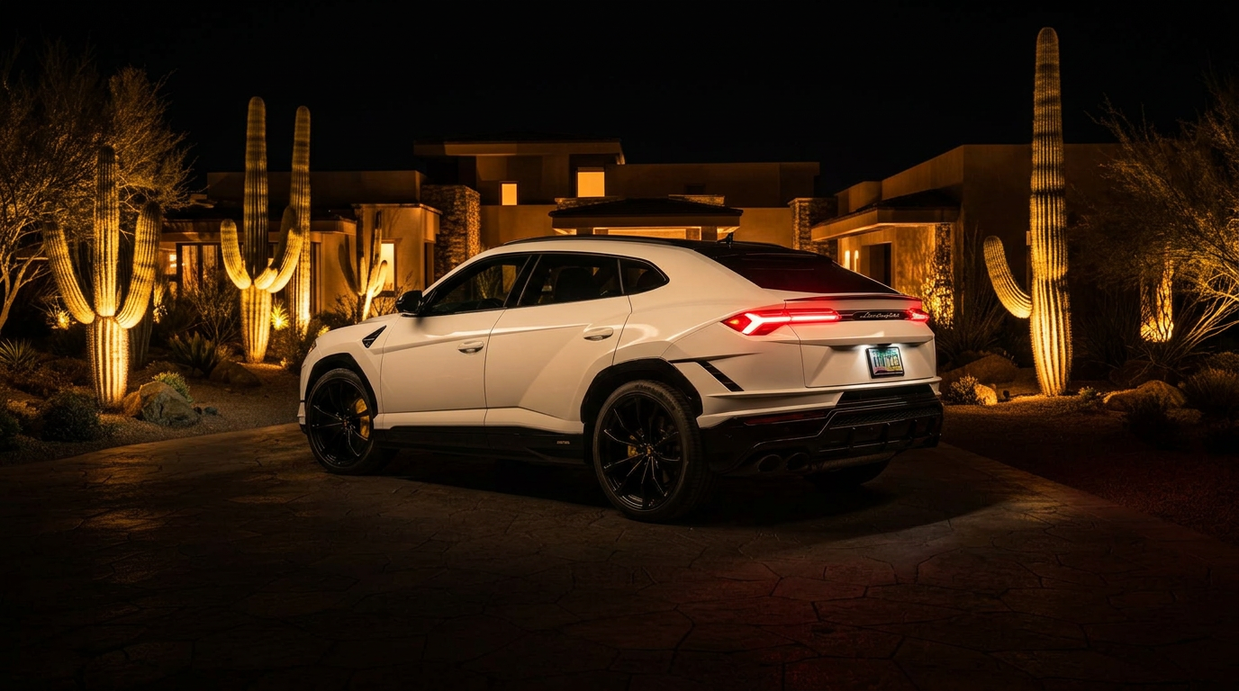 Lamborghini Urus S rear view at dusk