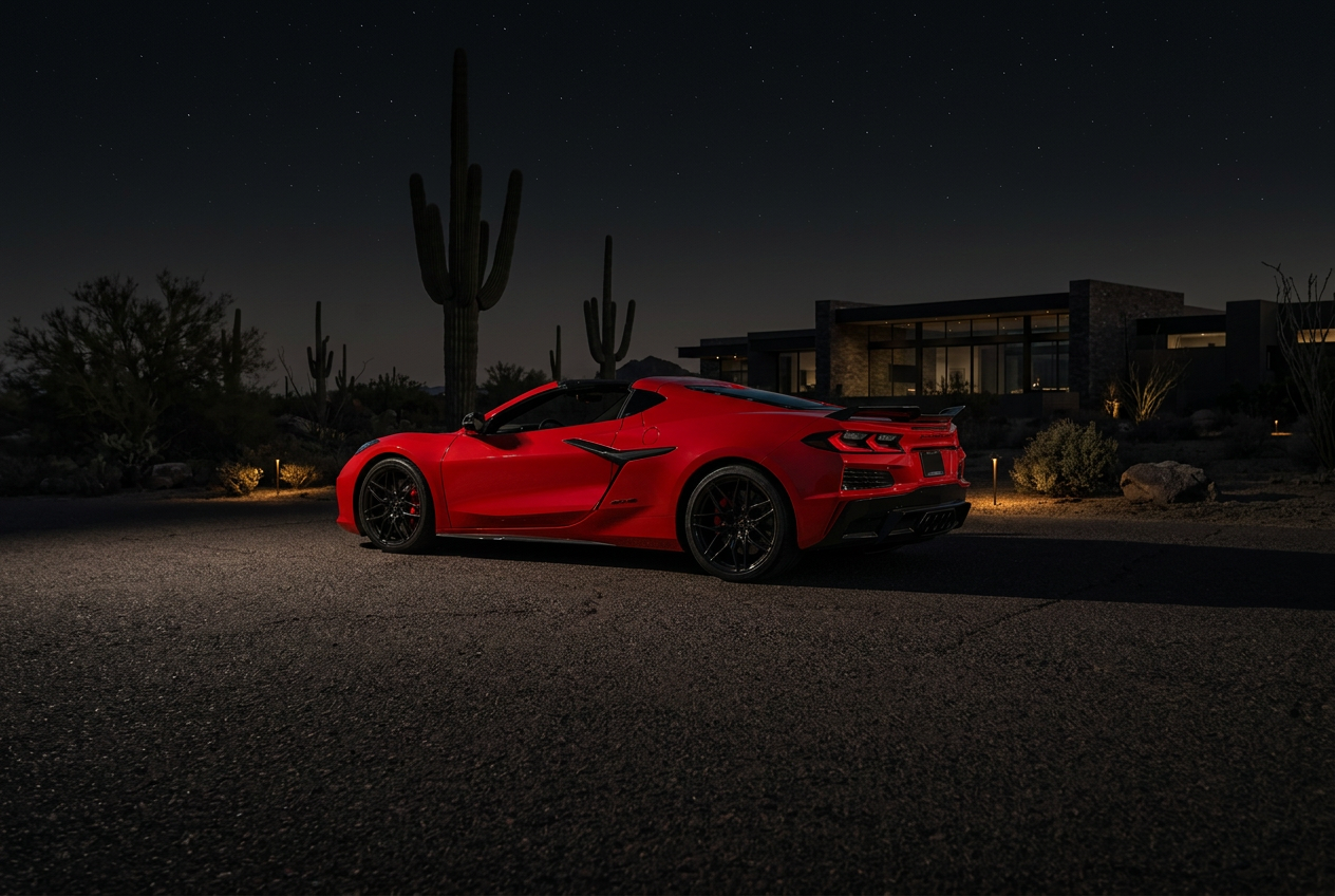 Corvette C8 Z06 rear view at dusk